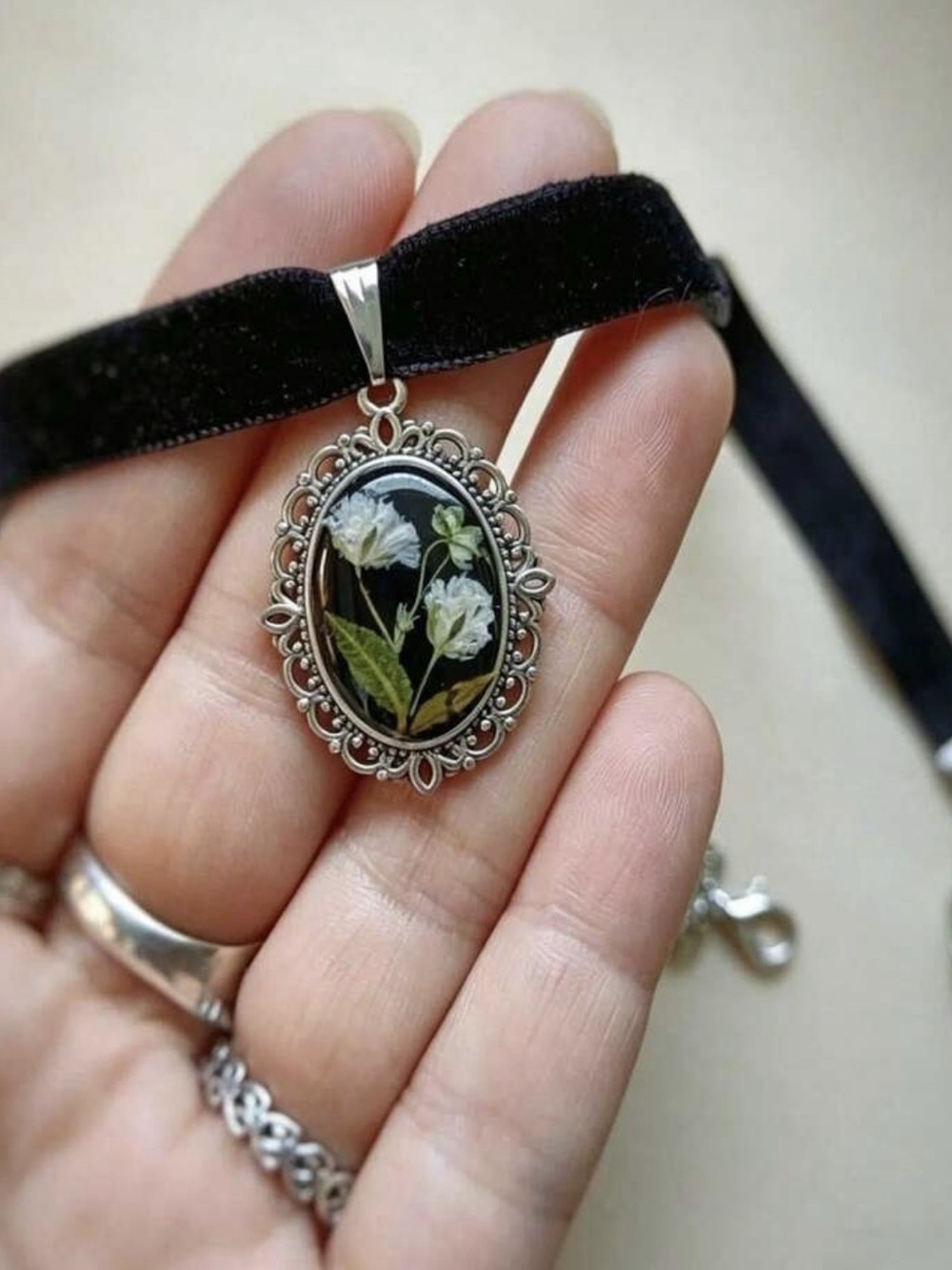 velvet choker with lily of the valley pendent